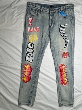 COOPER 9 Los Angeles Men’s Jeans Size 36 Graffiti Painted Epic Devils Blue